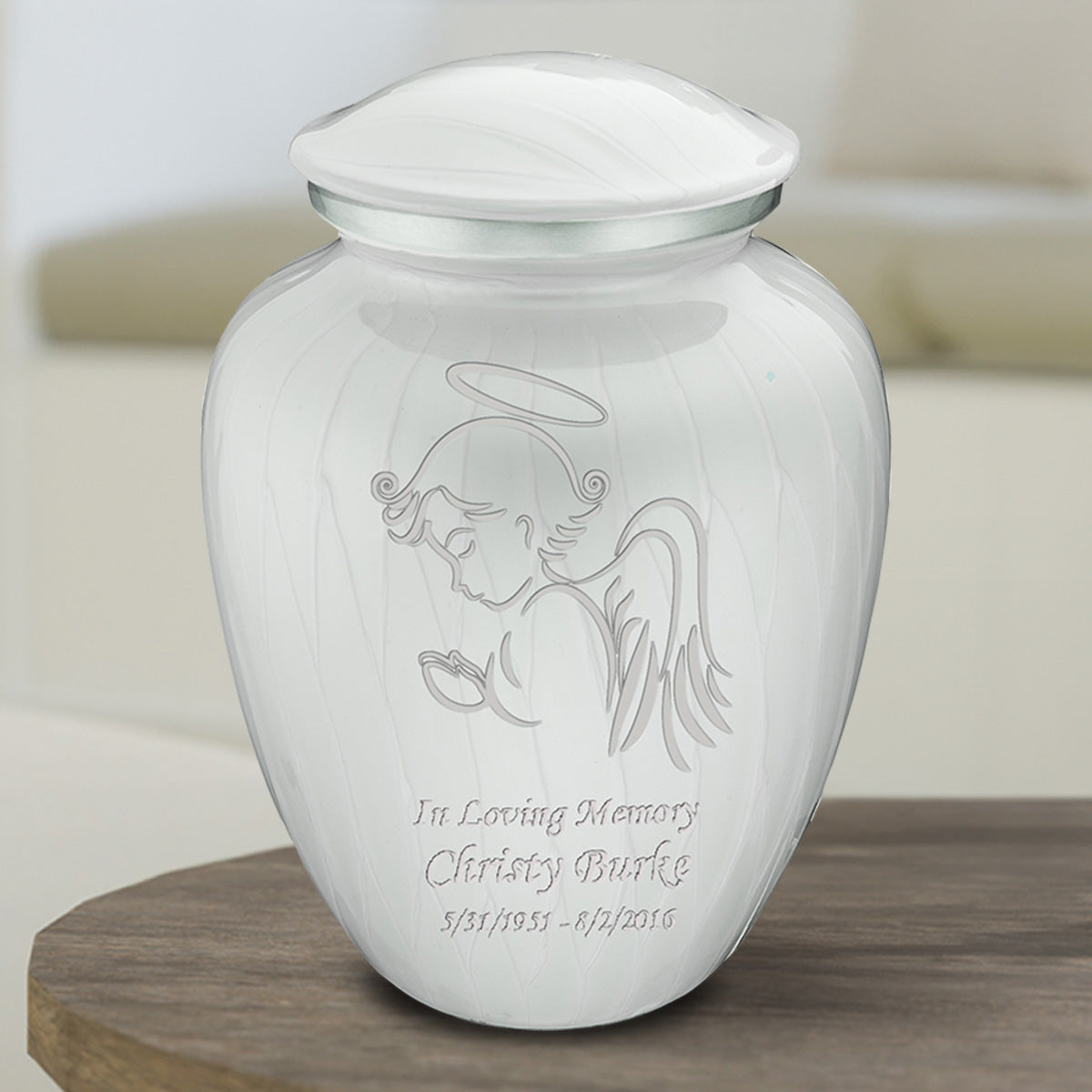 Medium Embrace Pearl White Angel Cremation Urn