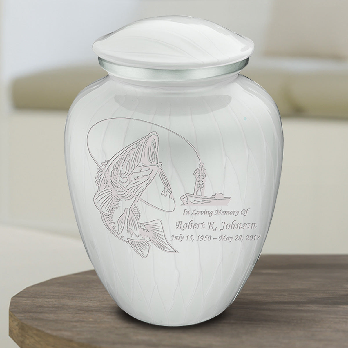 Medium Embrace Pearl White Fishing Cremation Urn