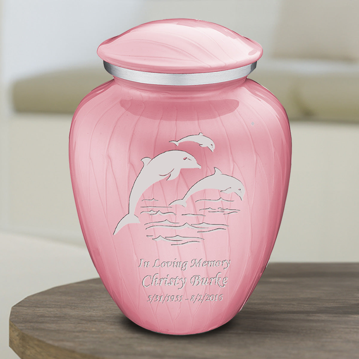 Medium Embrace Pearl Light Pink Dolphins Cremation Urn