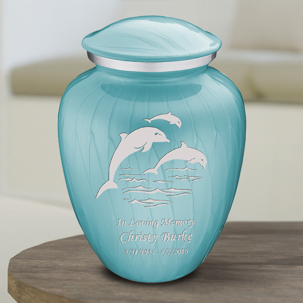 Medium Embrace Pearl Light Blue Dolphins Cremation Urn