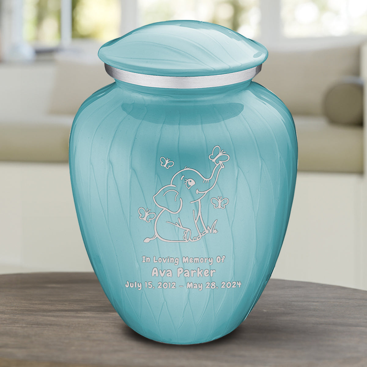 Medium Embrace Pearl Light Blue Elephant Butterflies Cremation Urn