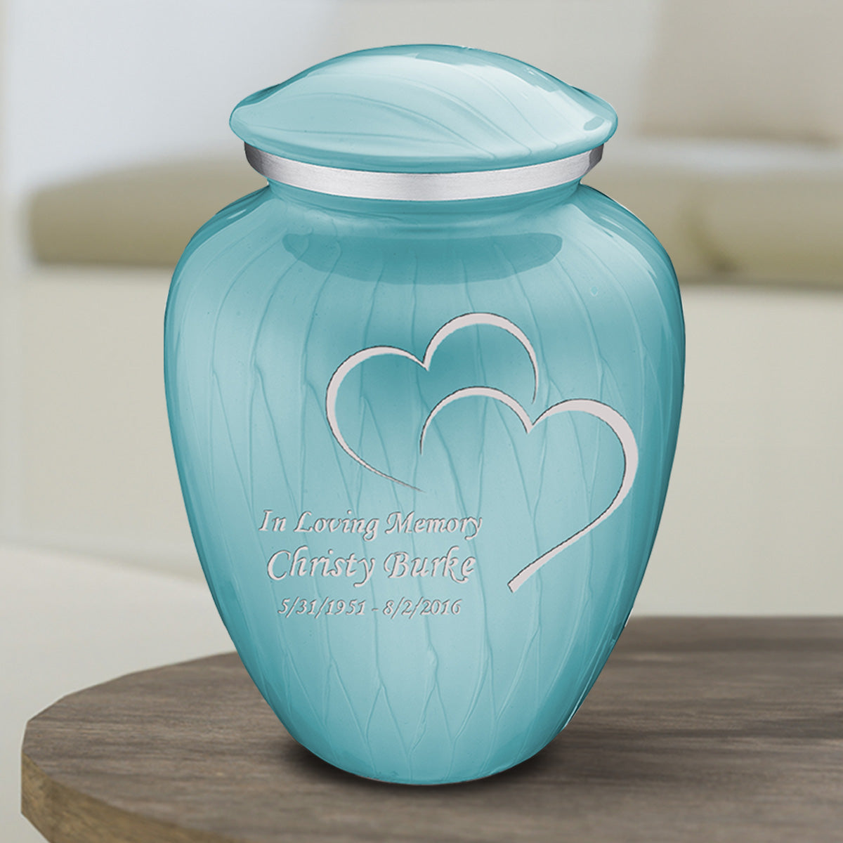 Medium Embrace Pearl Light Blue Hearts Cremation Urn
