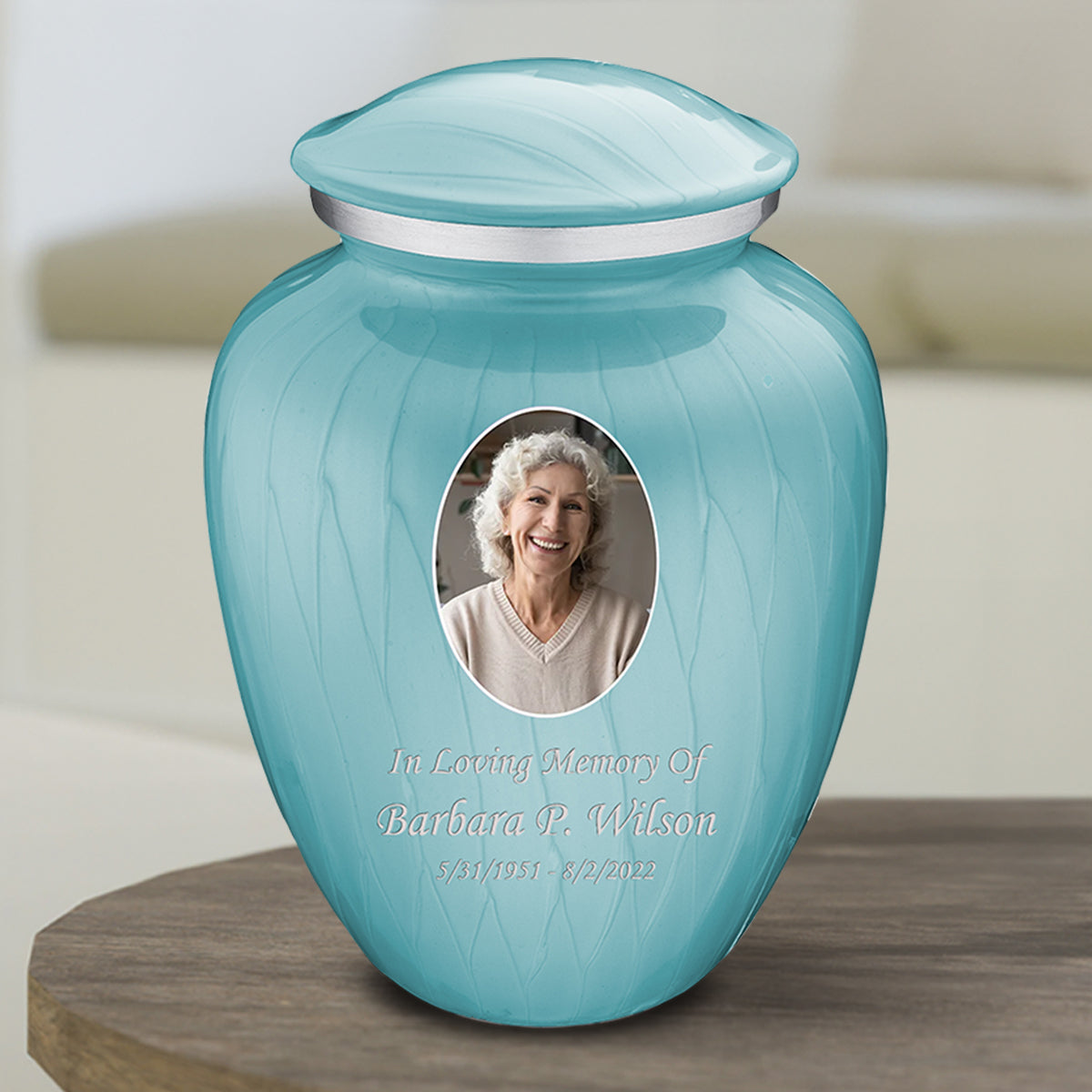 Medium Embrace Pearl Light Blue Portrait Cremation Urn