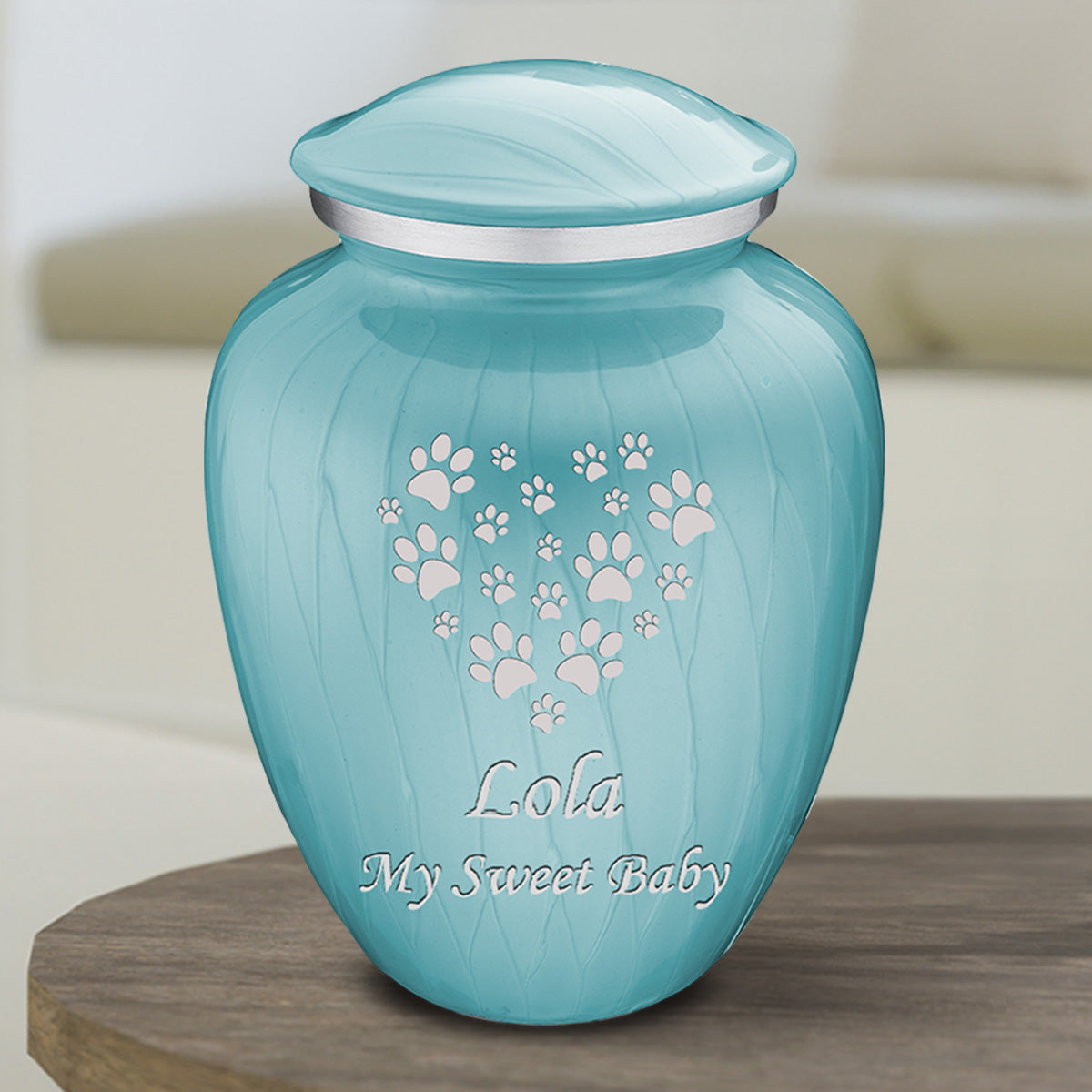 Medium Embrace Pearl Light Blue Heart Paws Pet Cremation Urn