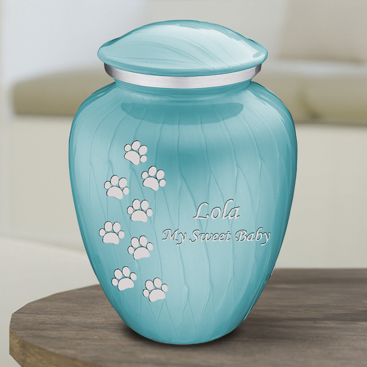 Medium Embrace Pearl Light Blue Walking Paws Pet Cremation Urn