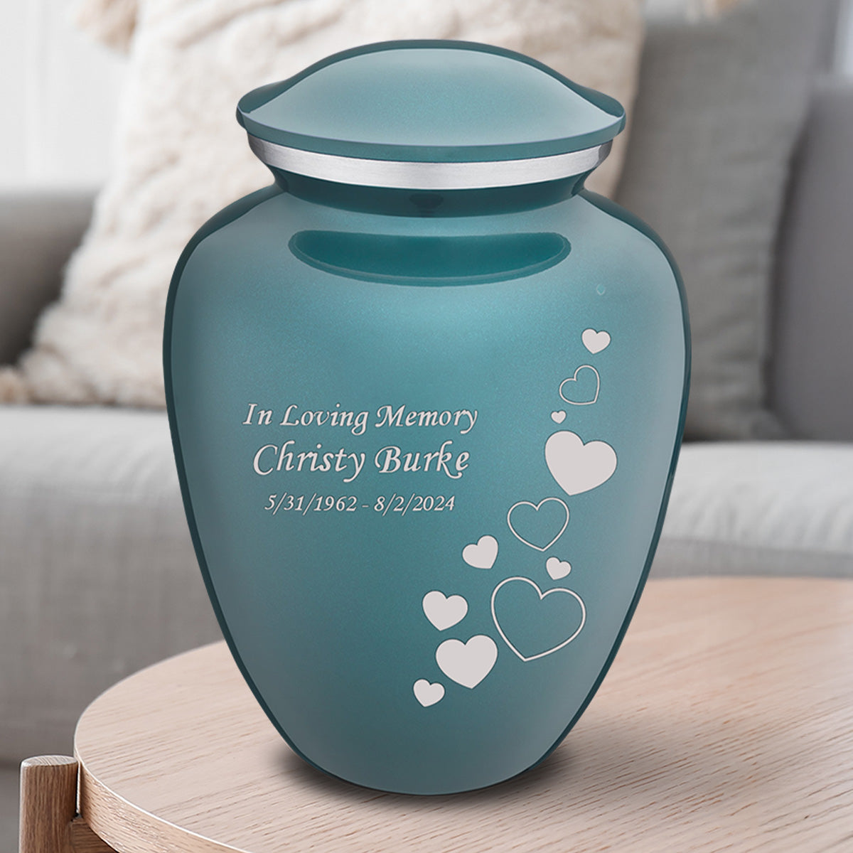 Adult Embrace Teal Floating Heart Cremation Urn