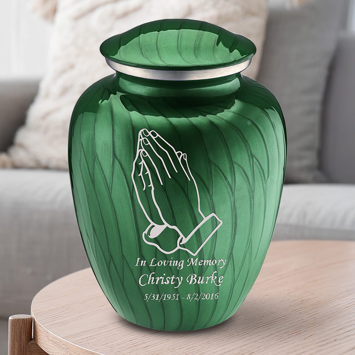 Adult Embrace Pearl Green Praying Hands Cremation Urn