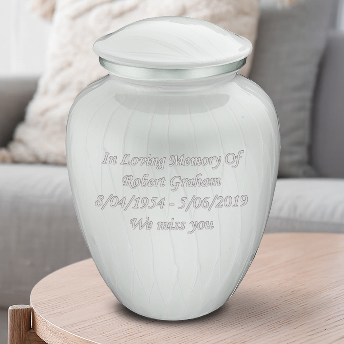 Adult Embrace Pearl White Custom Engraved Cremation Urn