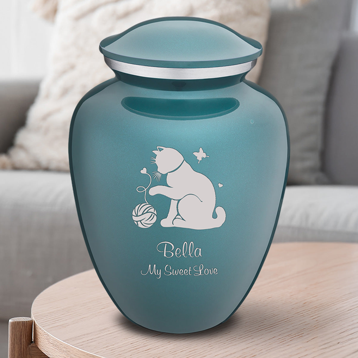 Large Embrace Teal Pet Fun Cat Cremation Urn