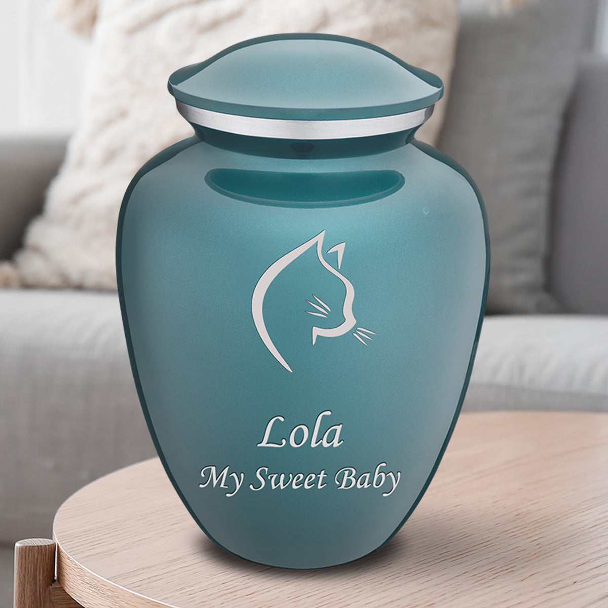 Large Embrace Teal Cat Pet Cremation Urn