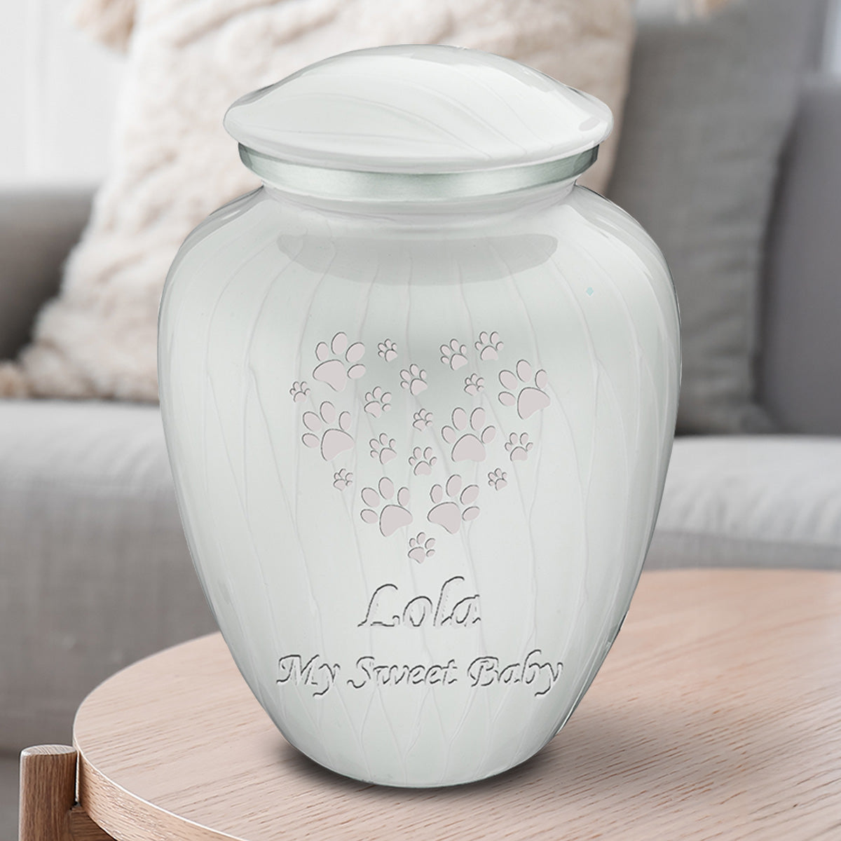 Large Embrace Pearl White Heart Paws Pet Cremation Urn