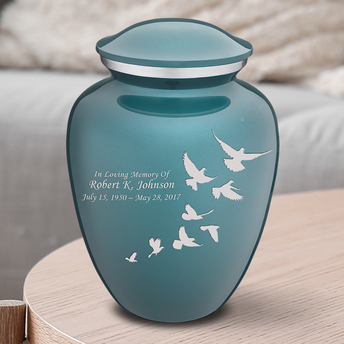 Medium Embrace Teal Doves Cremation Urn