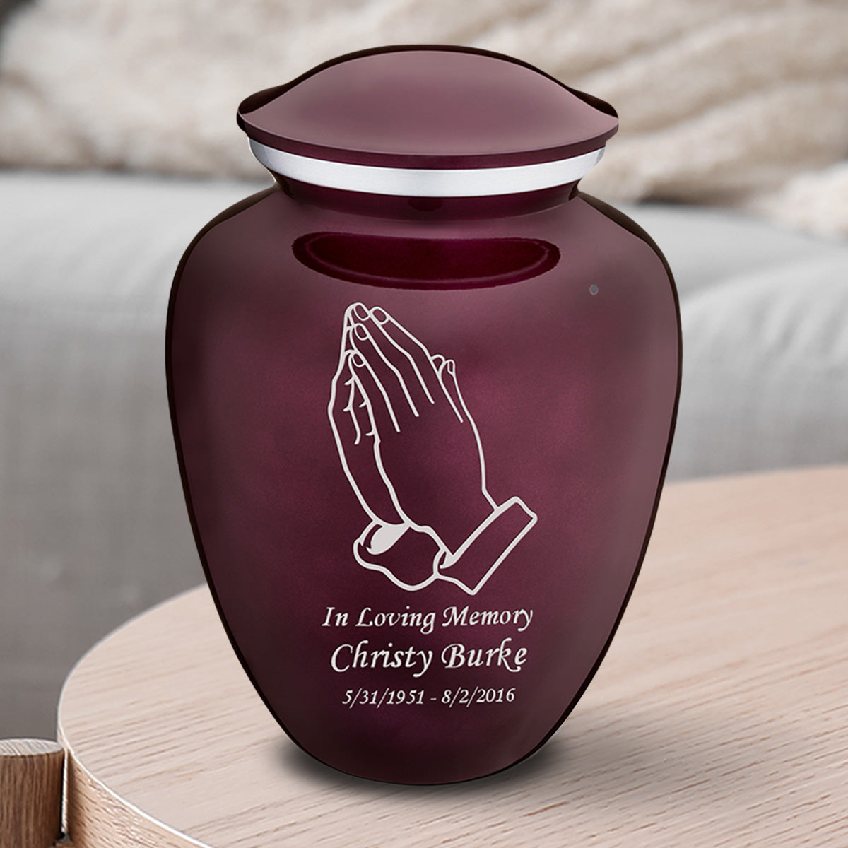 Medium Embrace Cherry Purple Praying Hands Cremation Urn