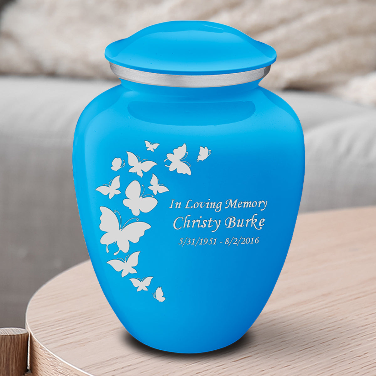 Medium Embrace Racing Blue Butterfly Cremation Urn