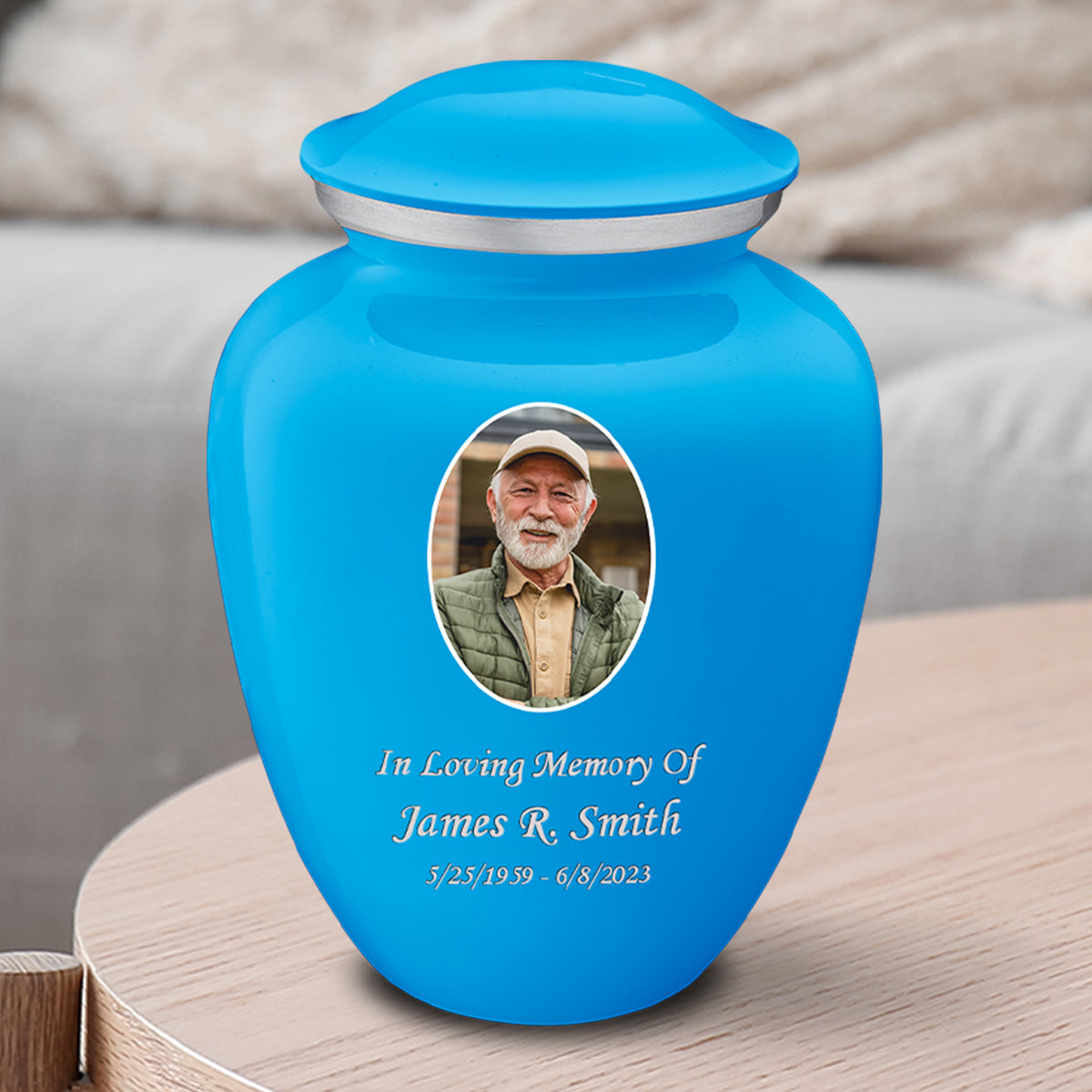 Medium Embrace Racing Blue Portrait Cremation Urn