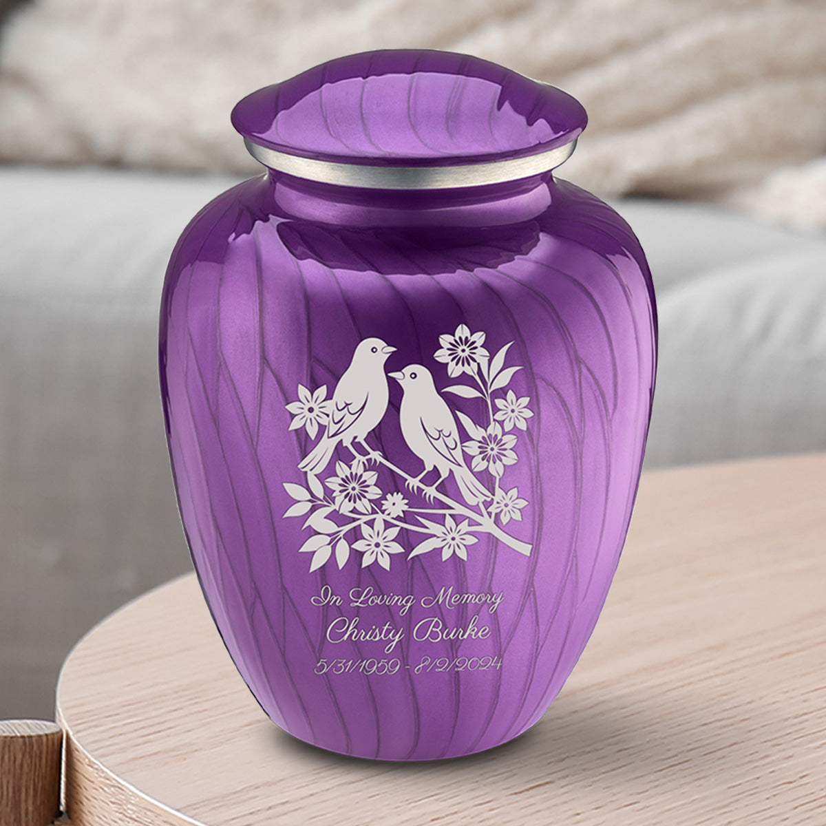 Medium Embrace Pearl Purple Songbirds Cremation Urn