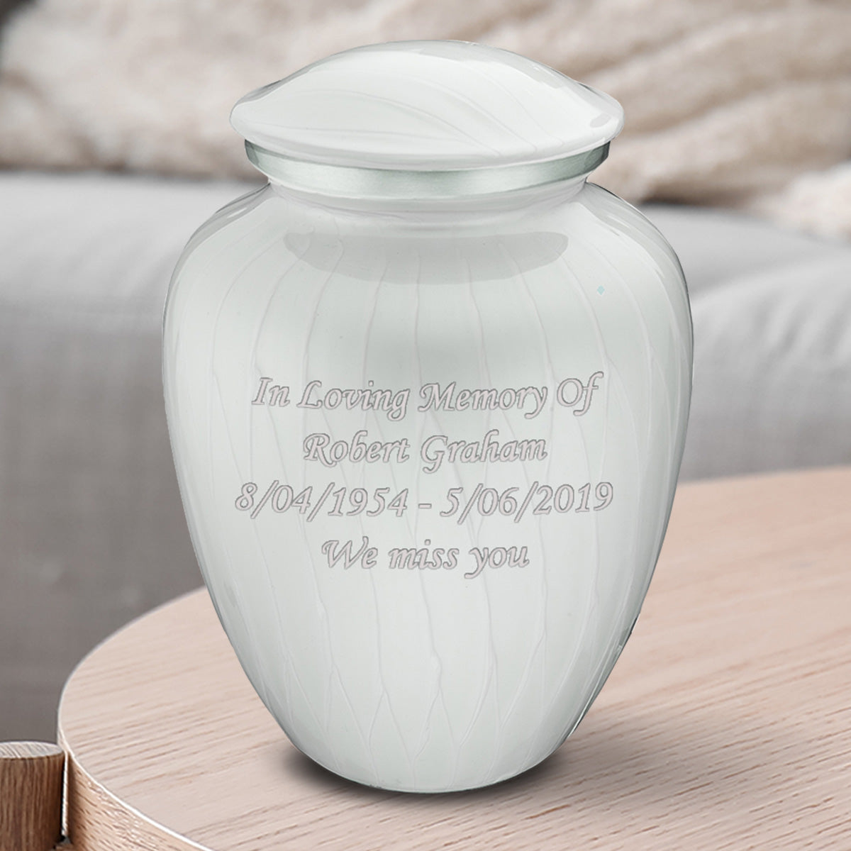Medium Embrace Pearl White Custom Engraved Cremation Urn