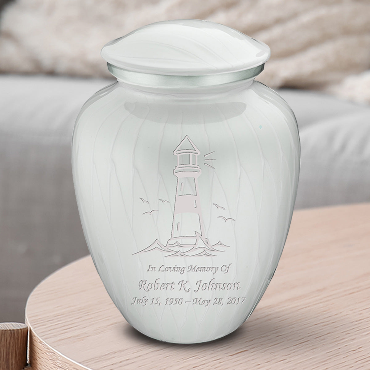 Medium Embrace Pearl White Lighthouse Cremation Urn