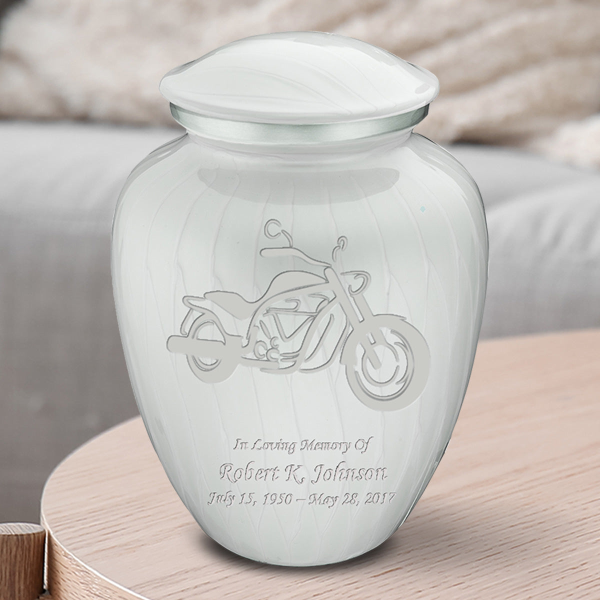 Medium Embrace Pearl White Motorcycle Cremation Urn
