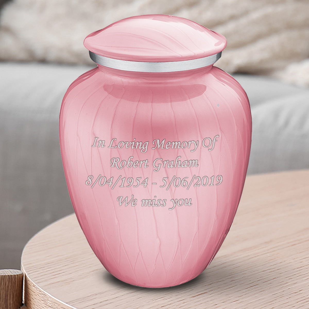 Medium Pearl Pink Embrace Custom Engraved Cremation Urn