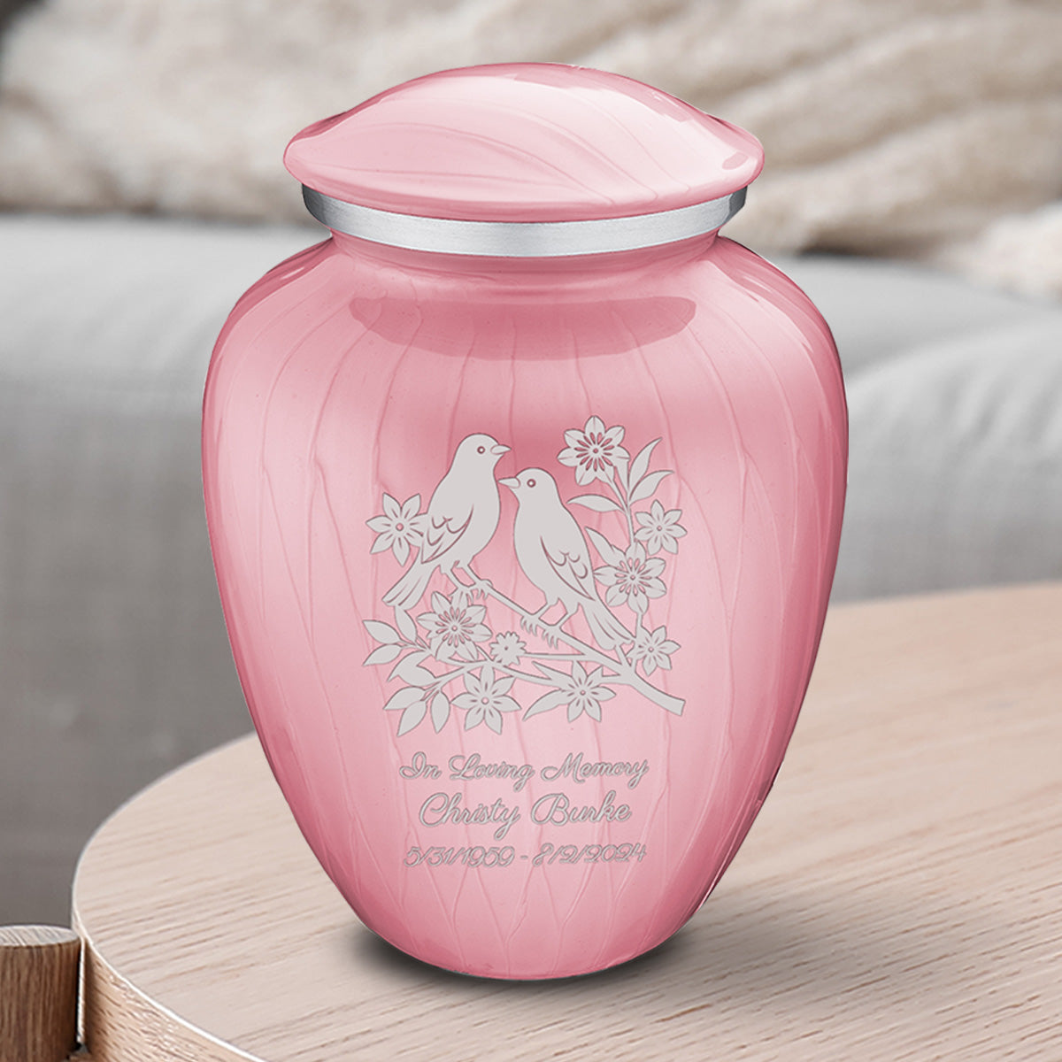 Medium Embrace Pearl Pink Songbirds Cremation Urn