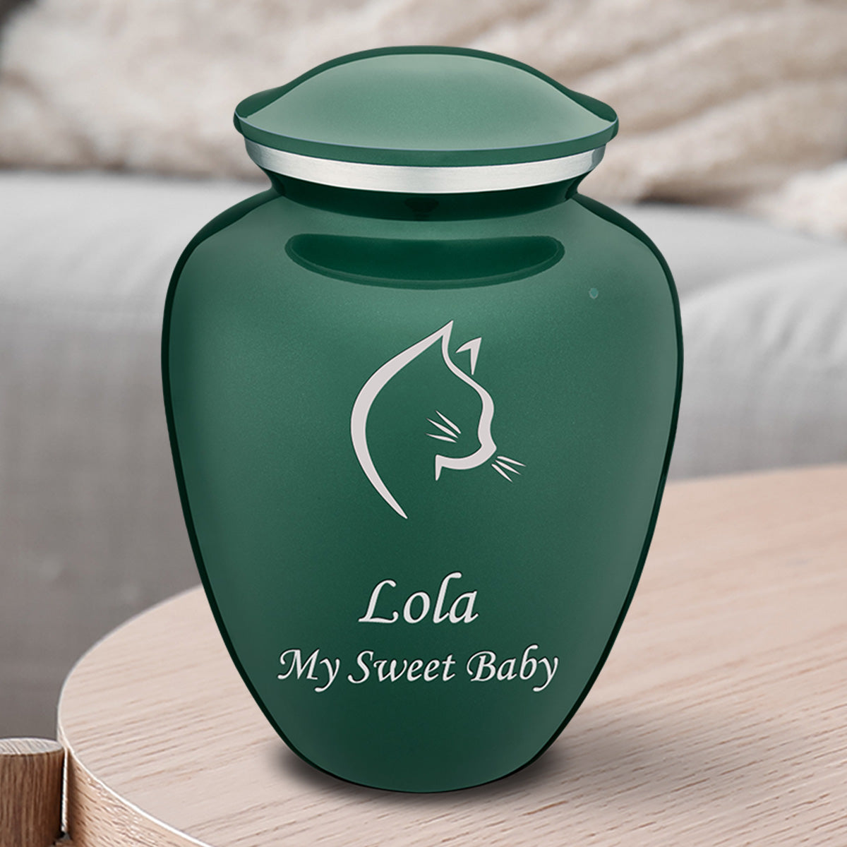 Medium Embrace Green Cat Pet Cremation Urn