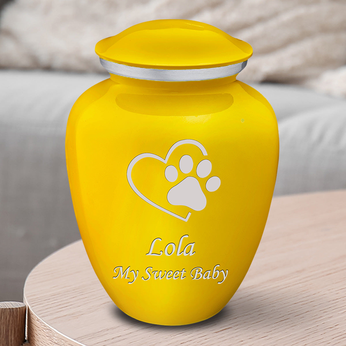 Medium Embrace Yellow Single Paw Heart Pet Cremation Urn