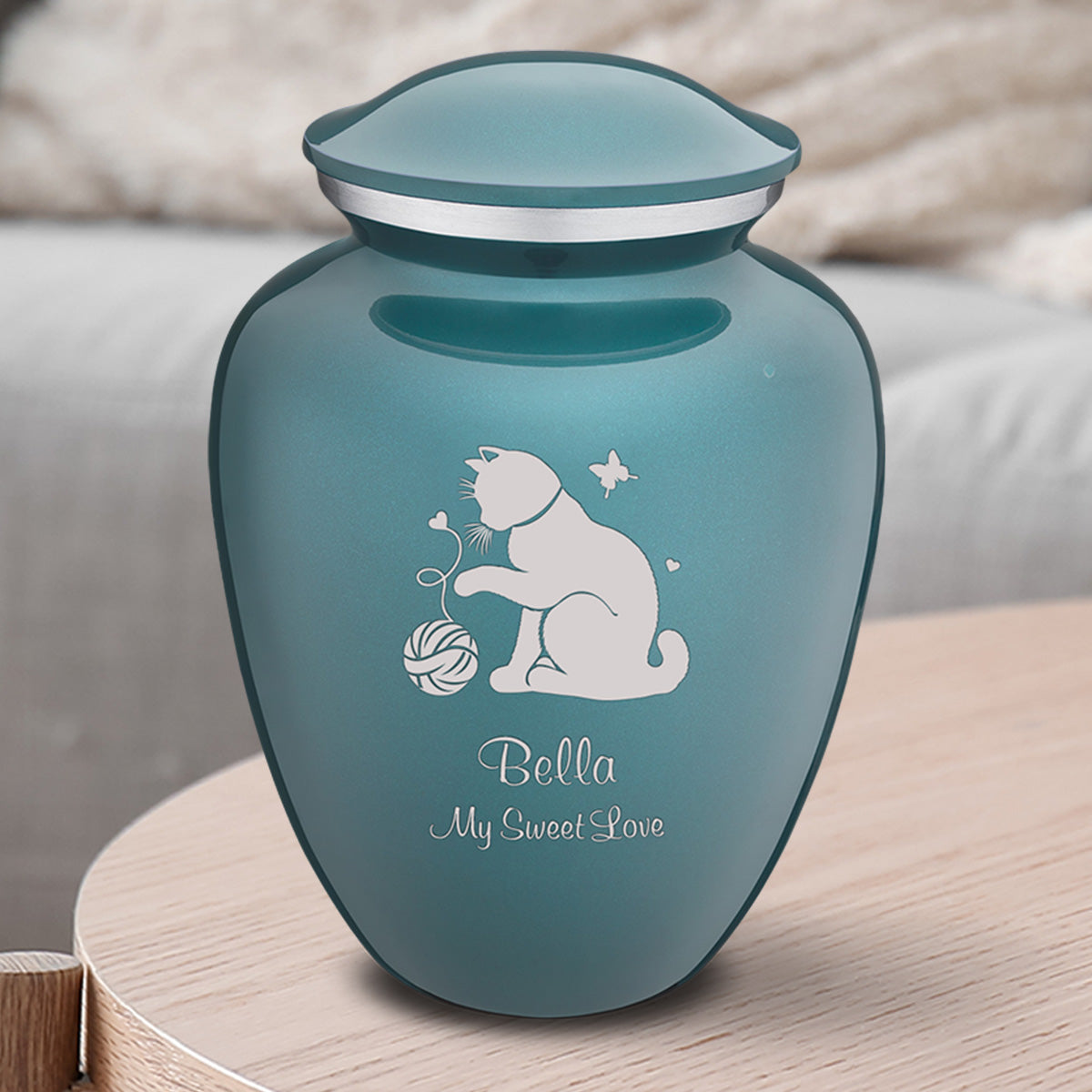 Medium Embrace Teal Pet Fun Cat Cremation Urn