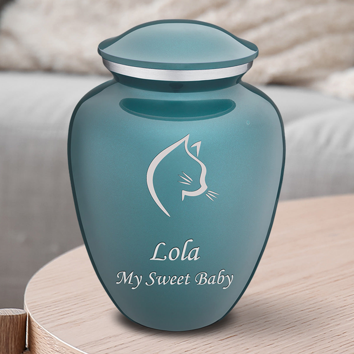 Medium Embrace Teal Cat Pet Cremation Urn