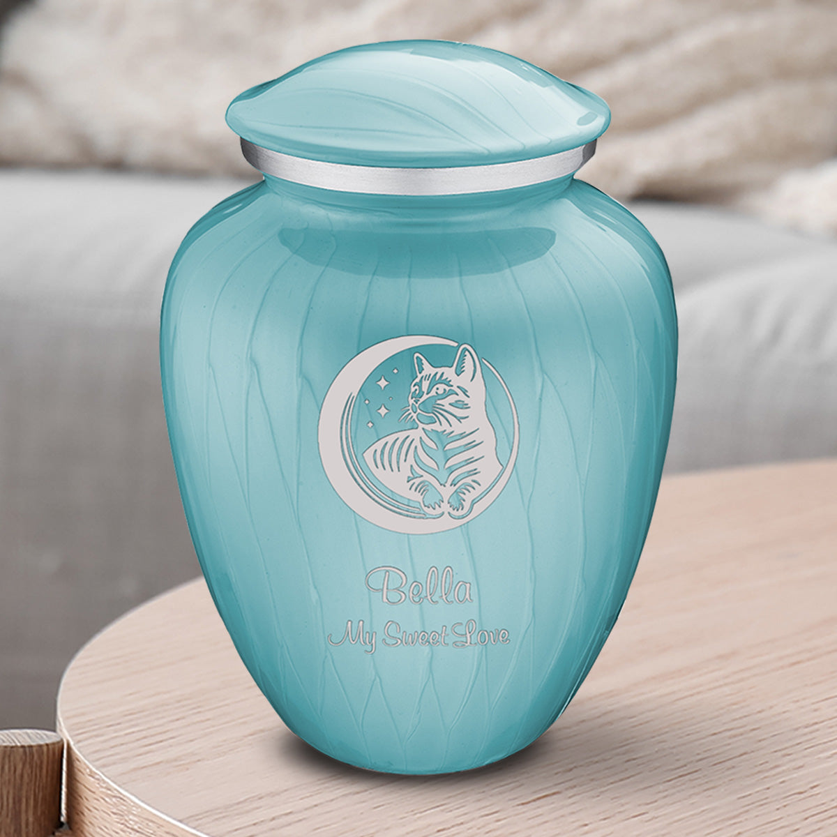Medium Embrace Pearl Light Blue Pet Cute Cat Cremation Urn