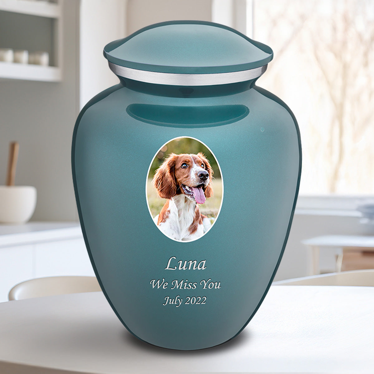 Adult Pet Embrace Teal Portrait Cremation Urn