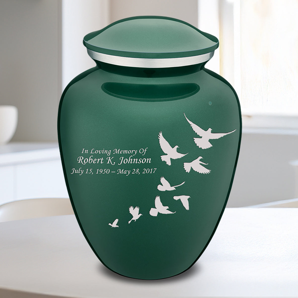 Medium Embrace Green Doves Cremation Urn