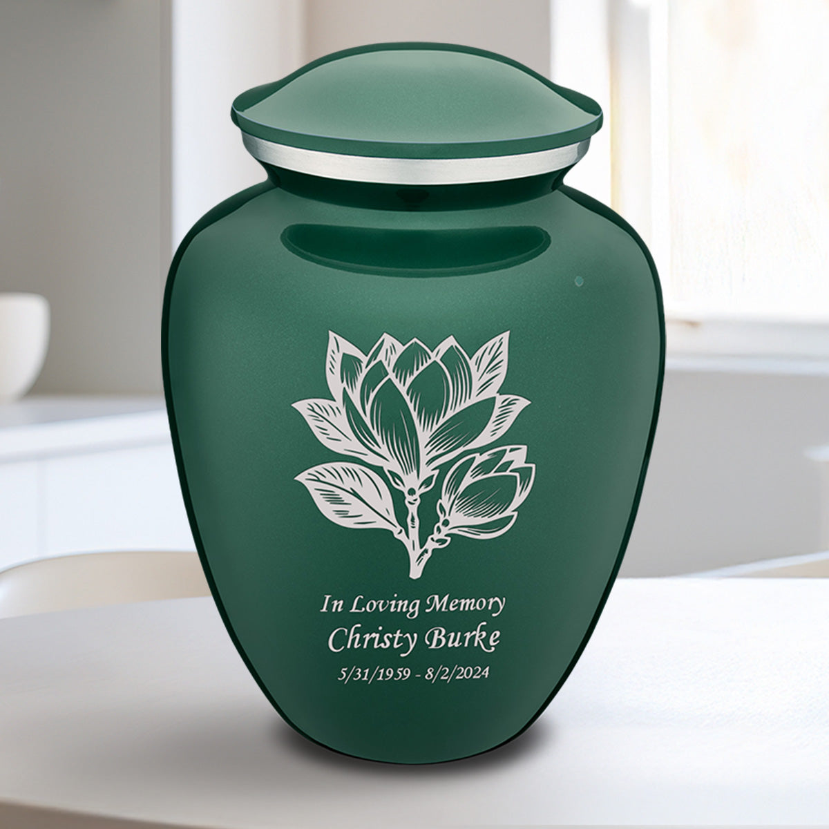 Medium Embrace Green Magnolia Flower Cremation Urn