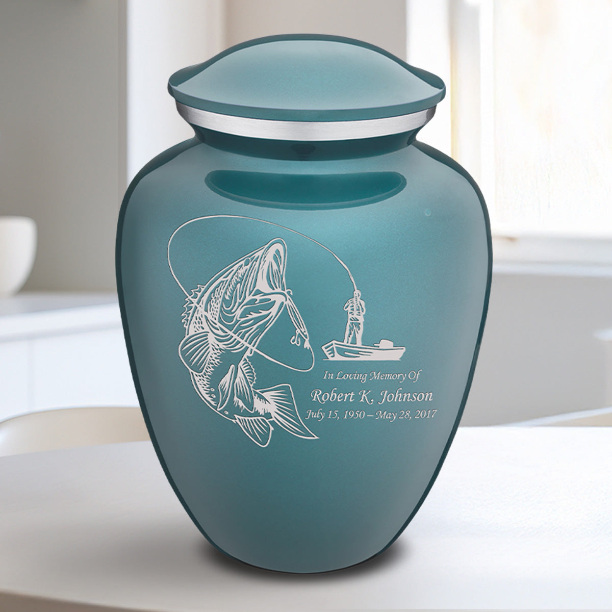 Medium Embrace Teal Fishing Cremation Urn
