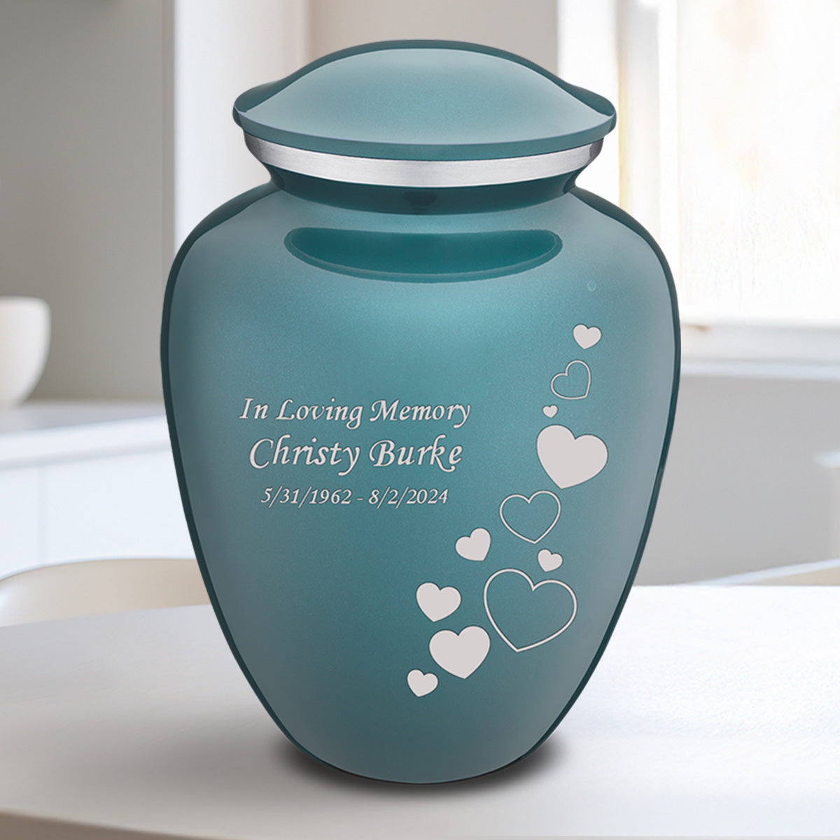 Medium Embrace Teal Floating Heart Cremation Urn