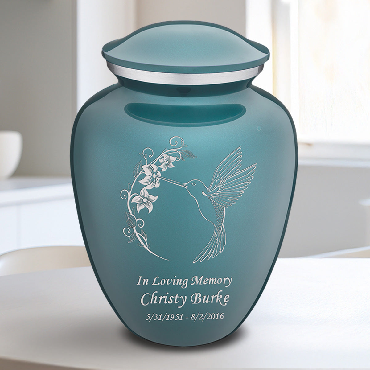 Medium Embrace Teal Hummingbird Cremation Urn