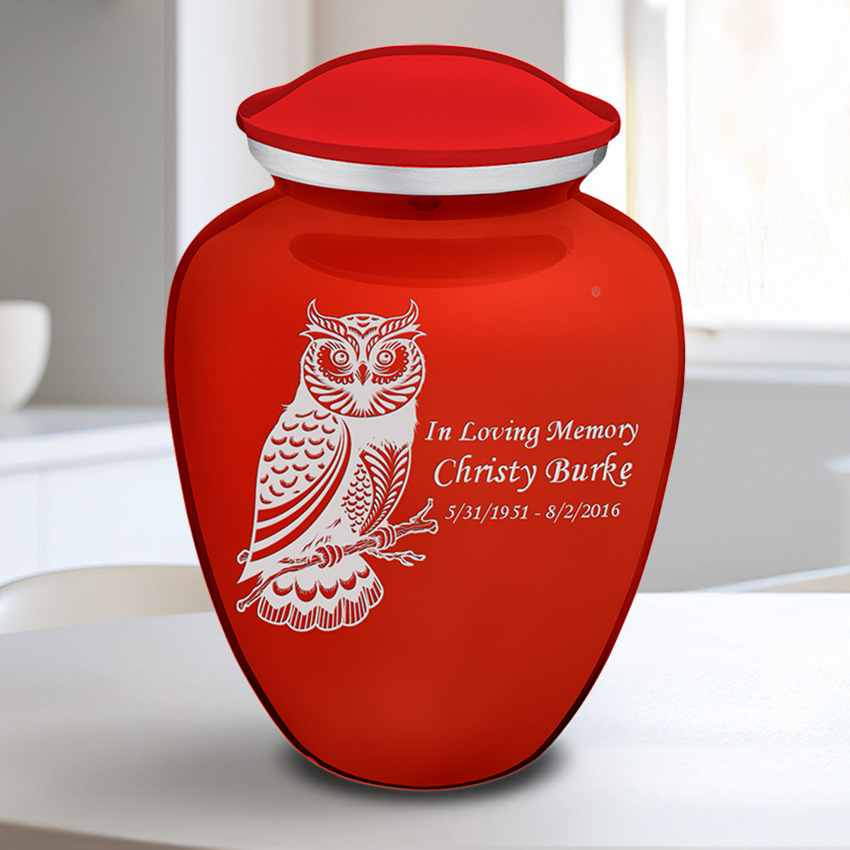 Medium Embrace Bright Red Owl Cremation Urn