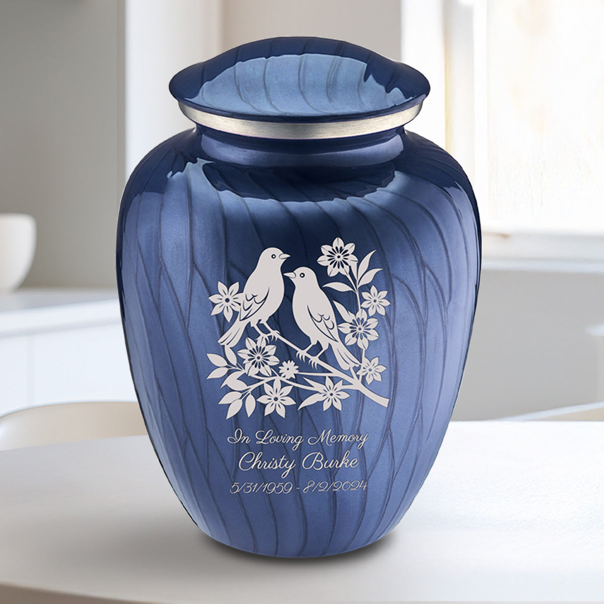 Medium Embrace Pearl Cobalt Blue Songbirds Cremation Urn