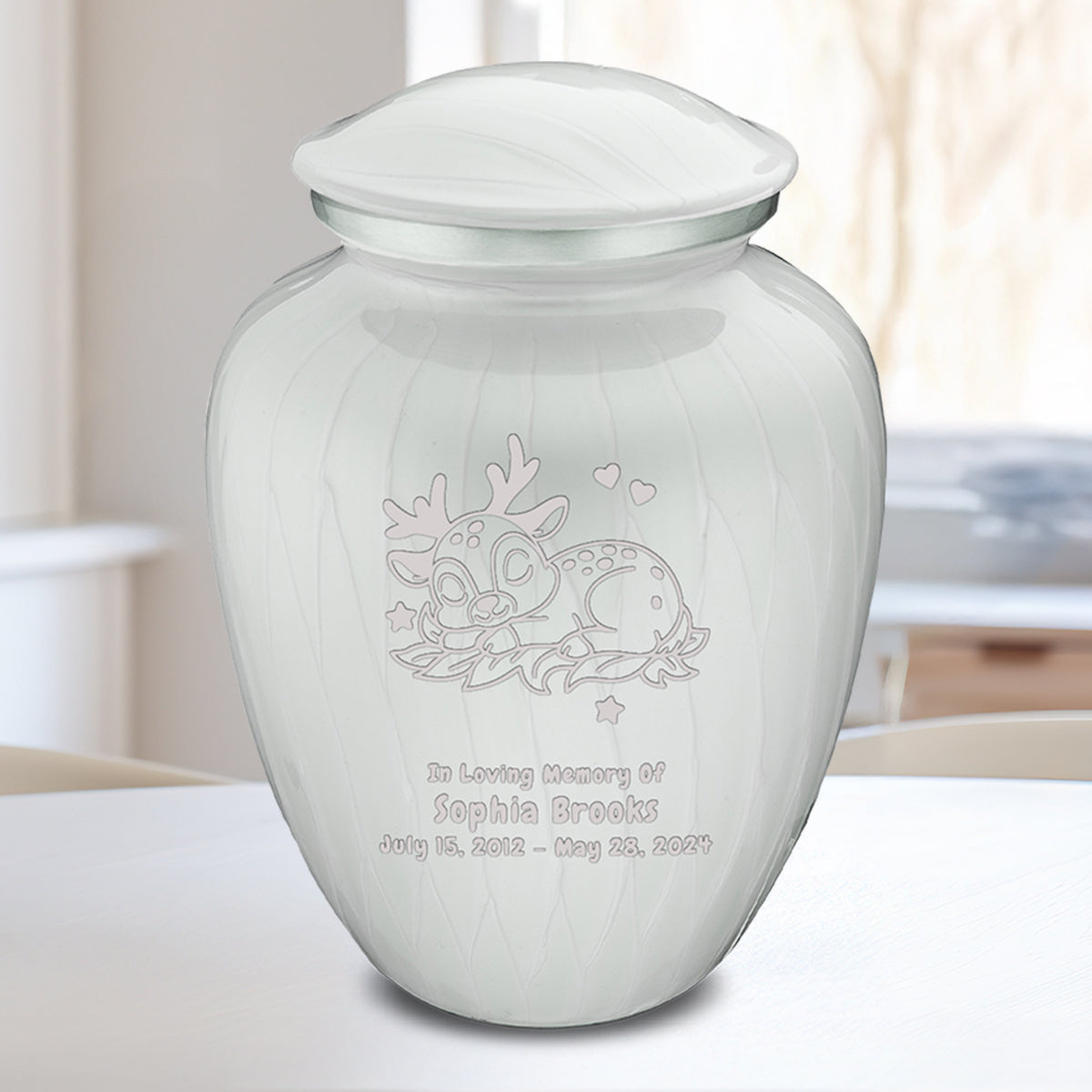 Medium Embrace Pearl White Baby Deer Cremation Urn