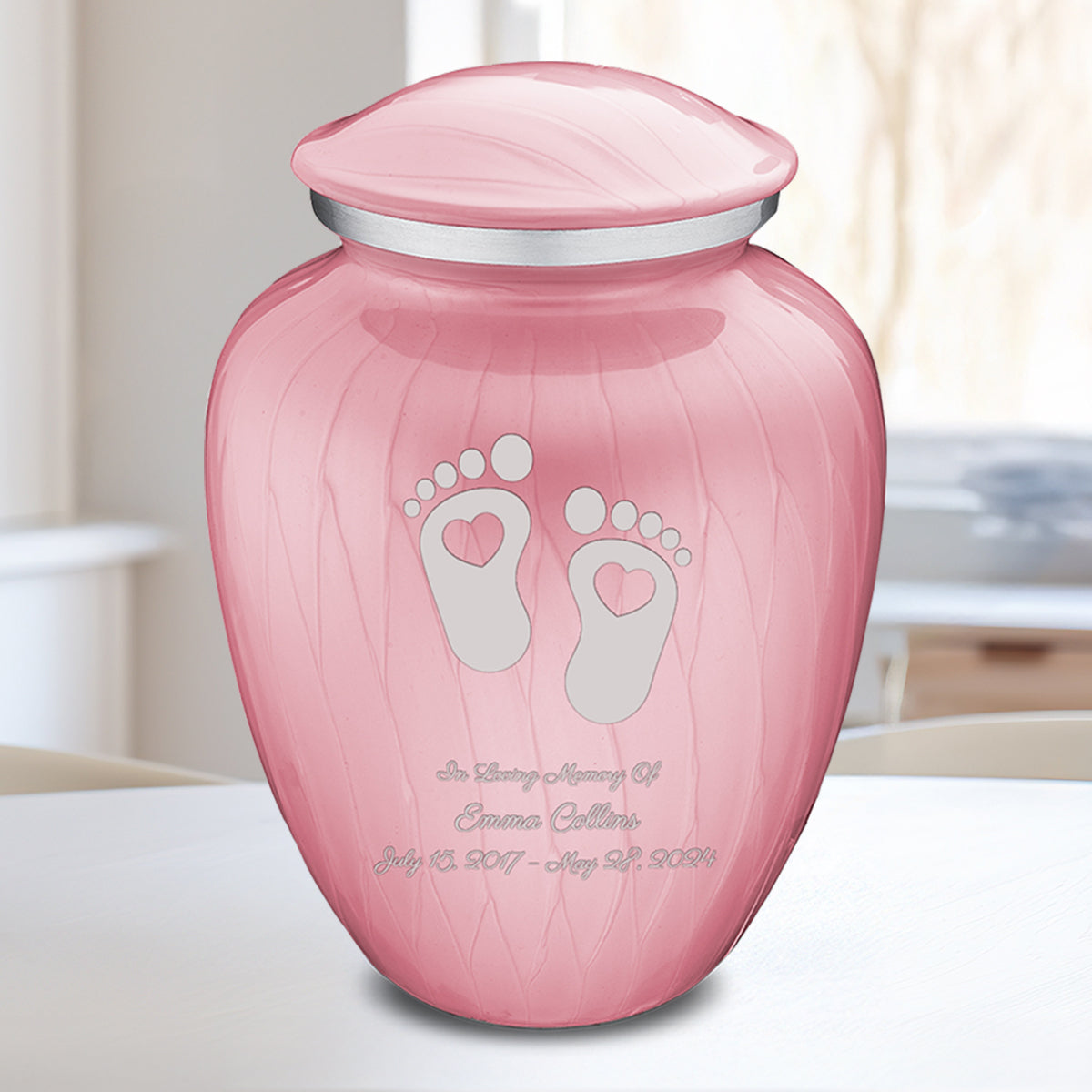 Medium Embrace Pearl Light Pink Loving Heart Feet Cremation Urn