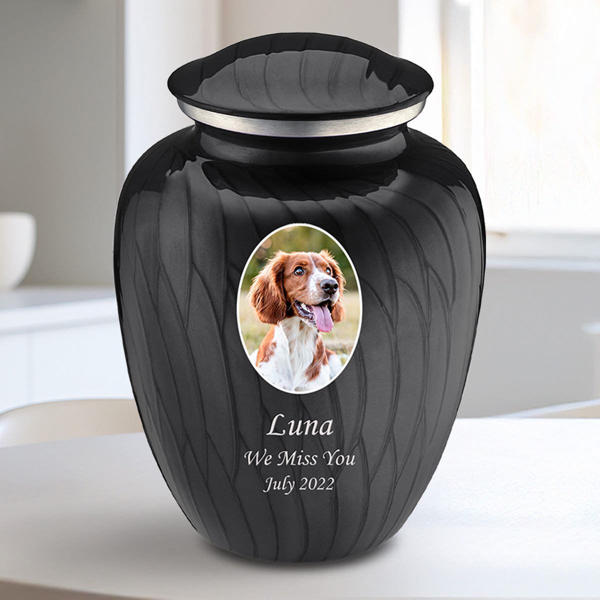 Medium Pet Embrace Pearl Black Portrait Cremation Urn