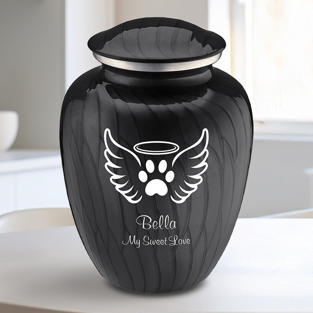 Medium Embrace Pearl Black Pet Angel Wings Cremation Urn