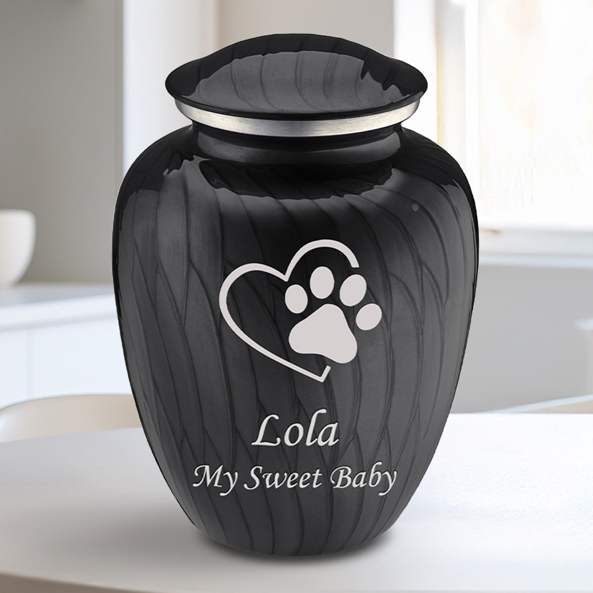 Medium Embrace Pearl Black Single Paw Heart Pet Cremation Urn
