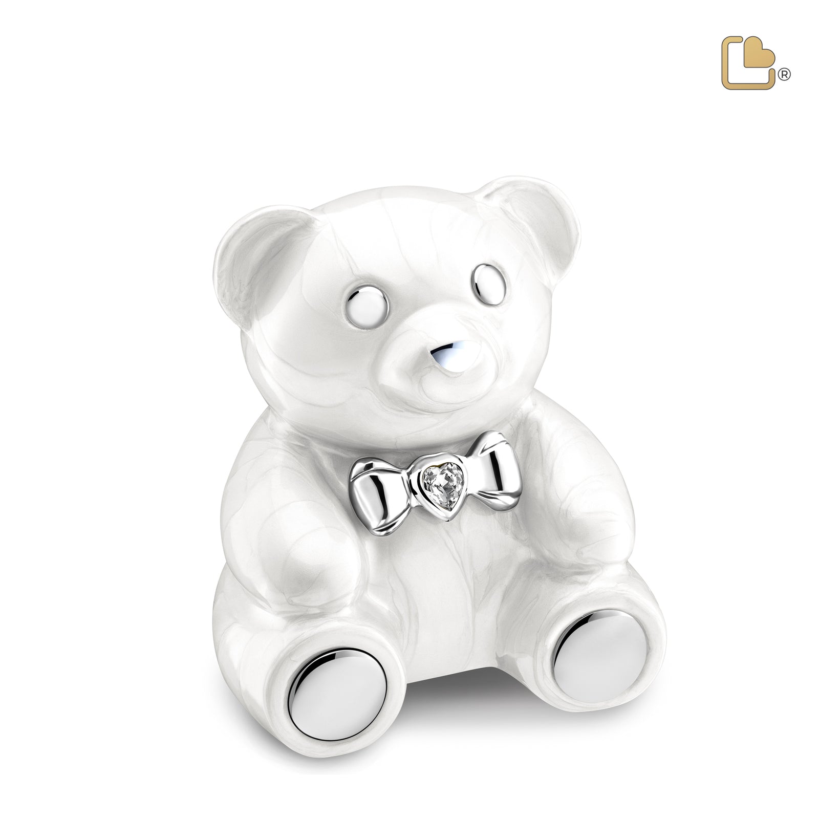 CuddleBear Child Urn Pearl White & Polished Silver With Crystal