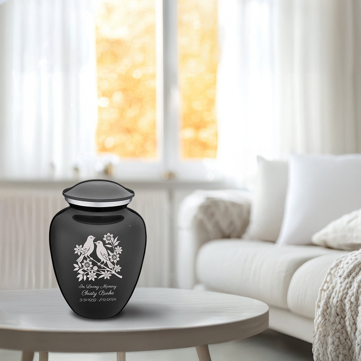 Medium Embrace Charcoal Black Songbirds Cremation Urn