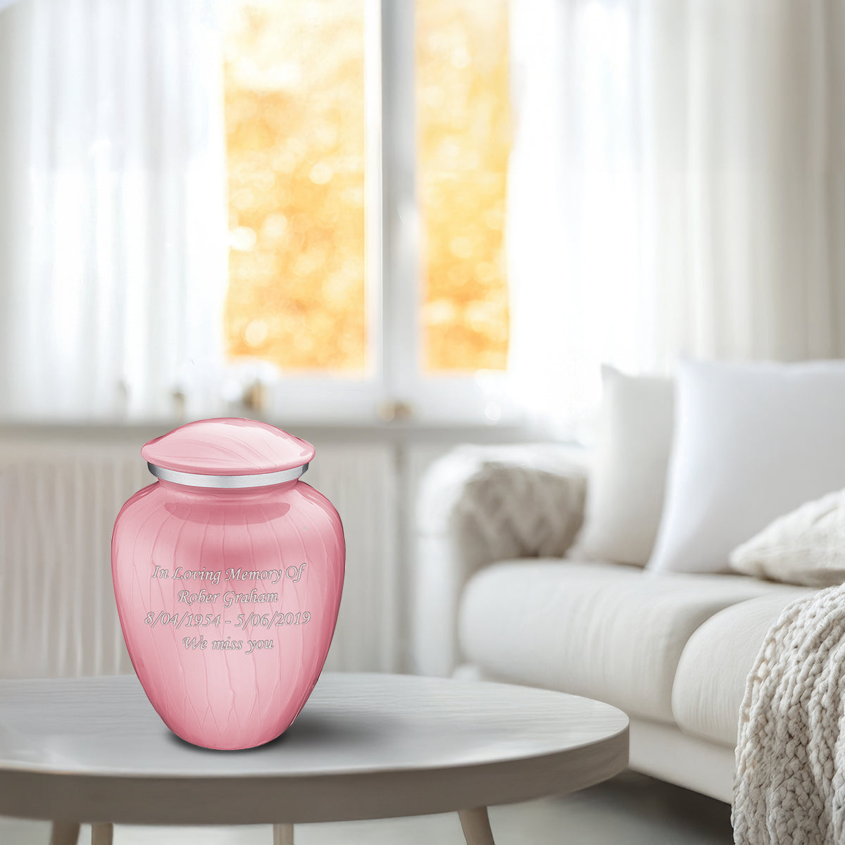 Medium Pearl Pink Embrace Custom Engraved Cremation Urn