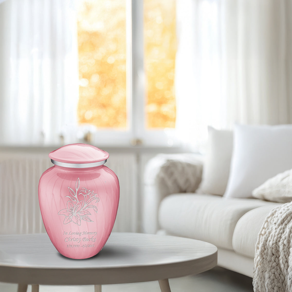 Medium Embrace Pearl Light Pink Lily Cremation Urn