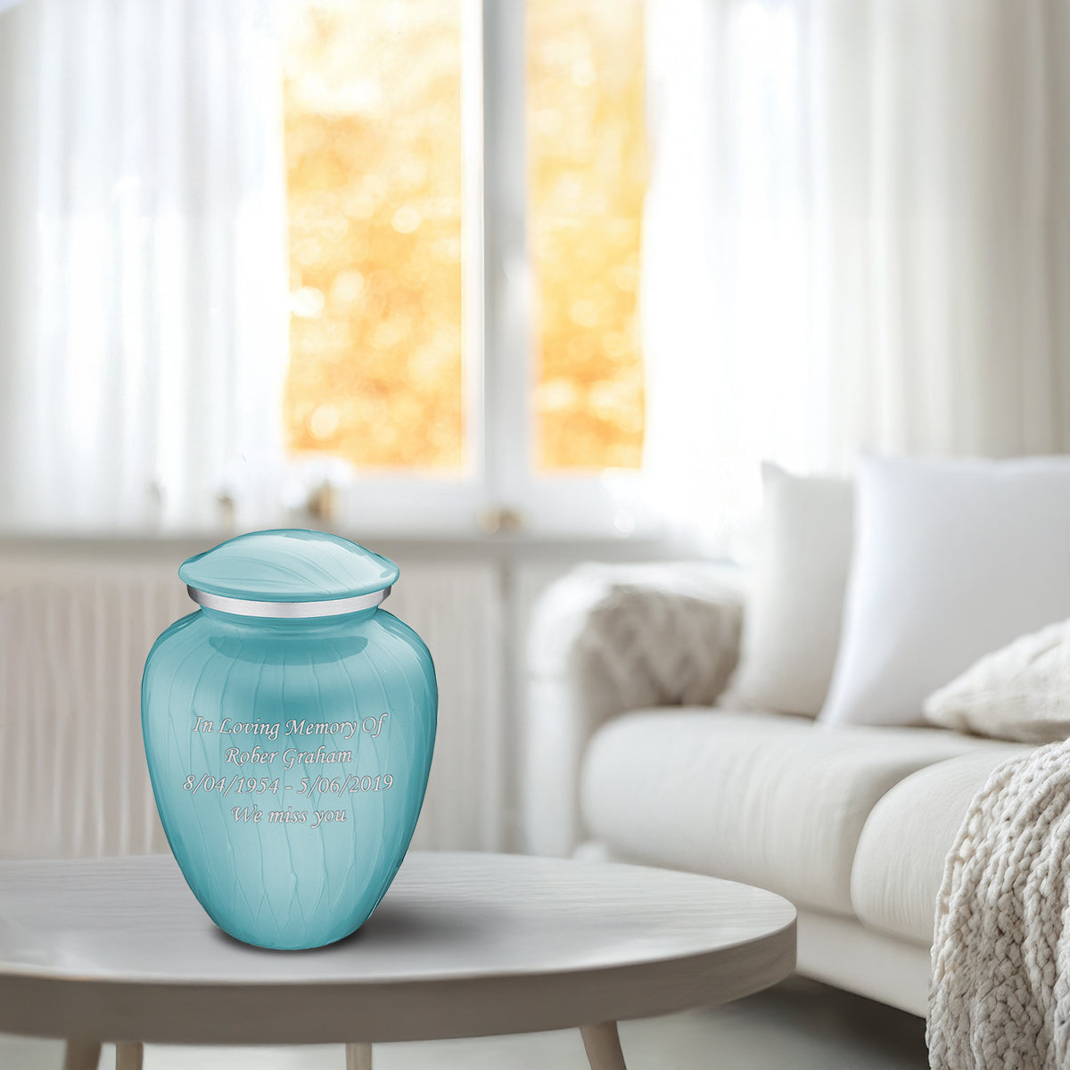 Medium Pearl Light Blue Embrace Custom Engraved Cremation Urn