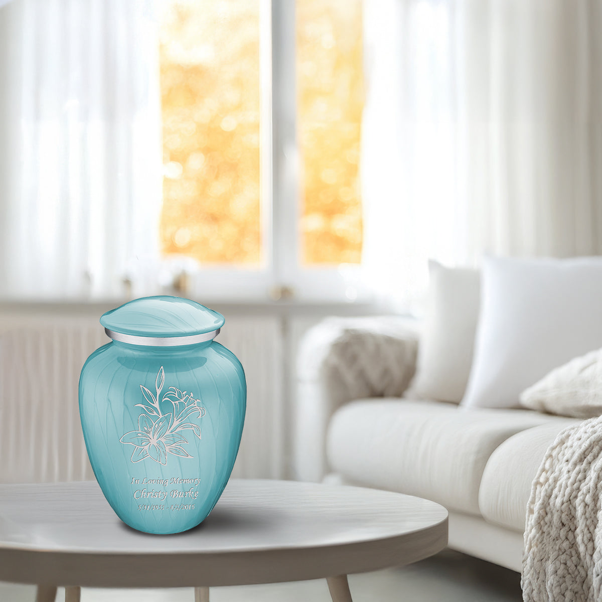 Medium Embrace Pearl Light Blue Lily Cremation Urn