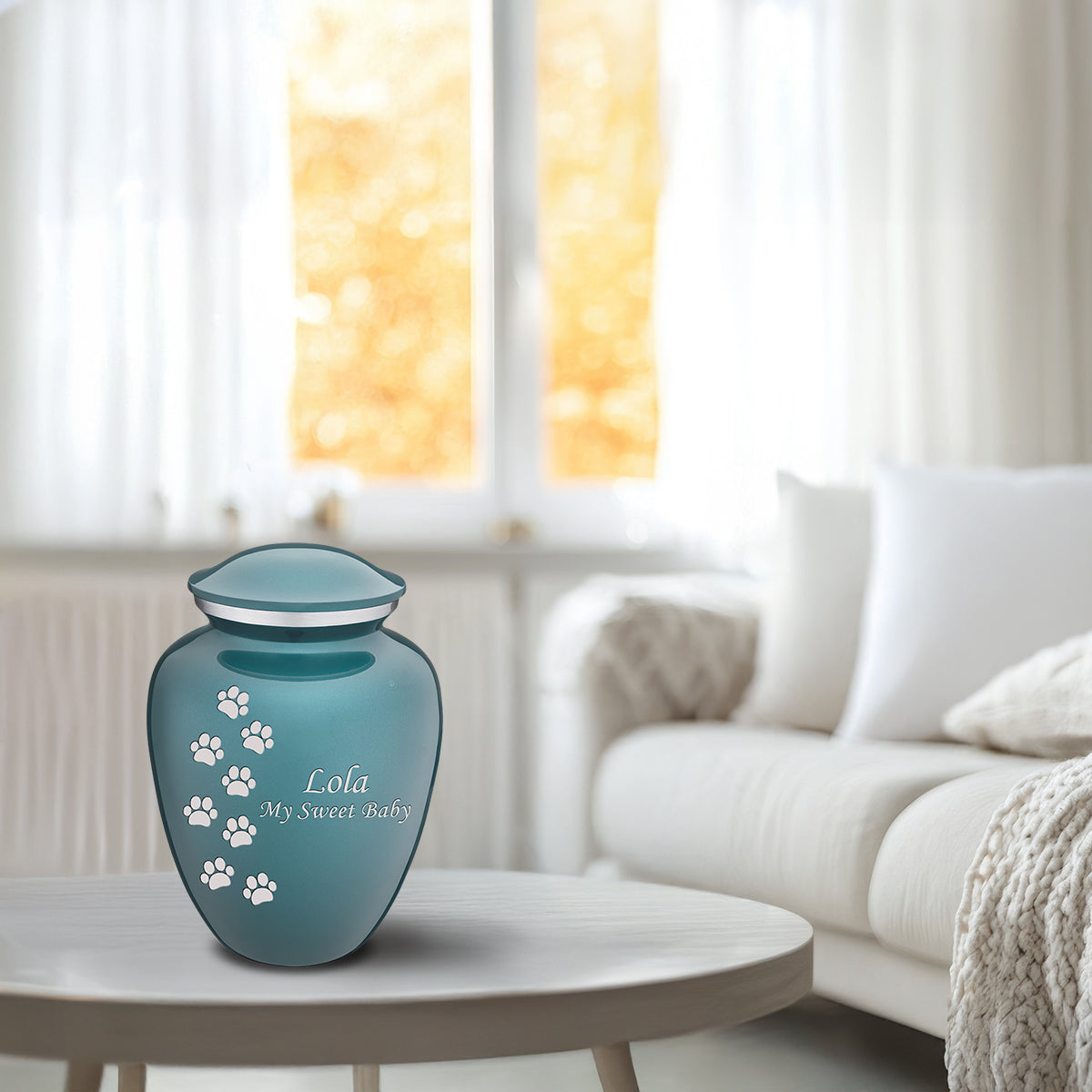 Medium Embrace Teal Walking Paws Pet Cremation Urn